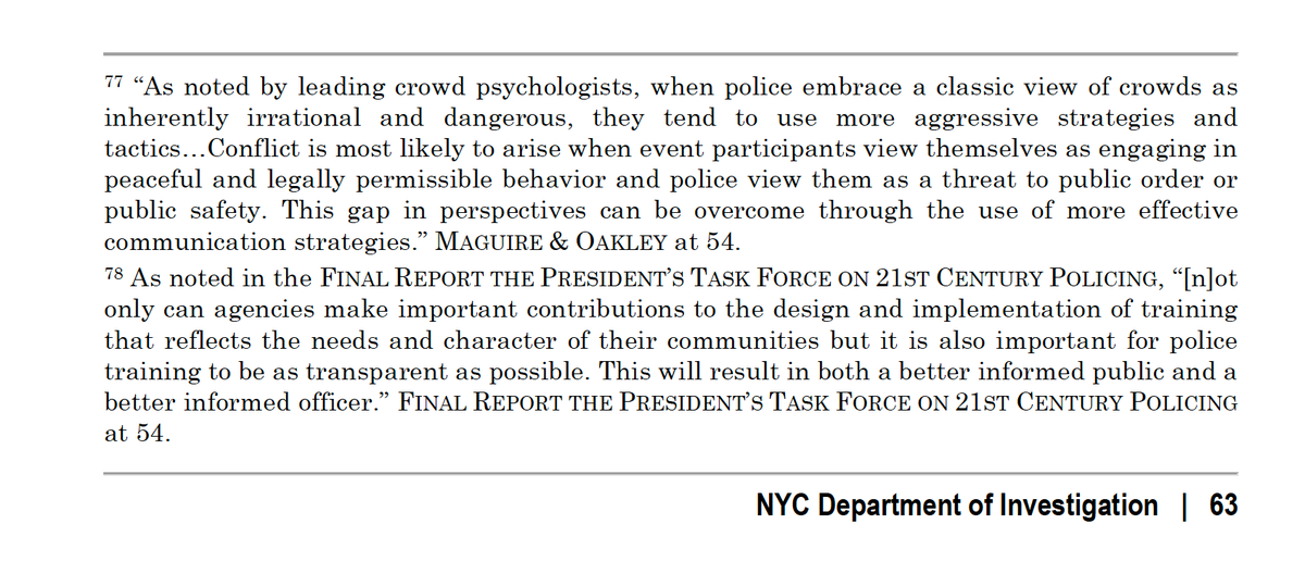 ...turning back to the final section of the DOI report related to the NYPD's First Amendment policing/crowd control-related training (at 61-63), despite a few mentions of the focus on "disorder control" rather than some concept of protest facilitation, it says...