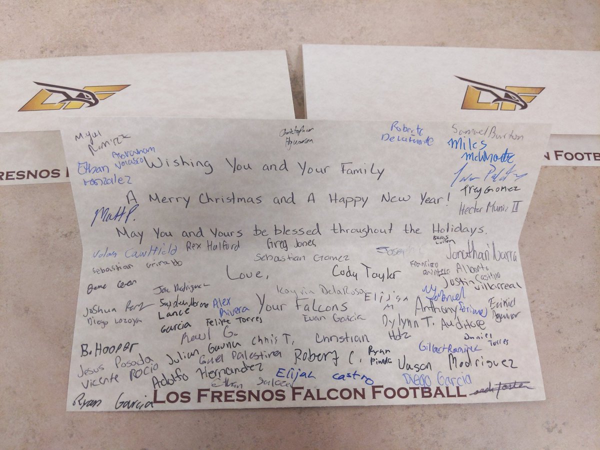 LosFresnosFB's tweet photo. Our Falcon Football team wrote Christmas cards to our district staff as well as their families this morning! The cards were passed out to all campuses! #BuildingGreatMen #MerryChristmas2020 https://t.co/dQActKpAaO