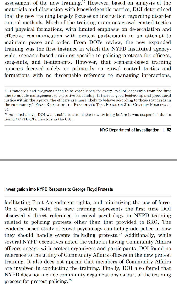 Finally, this part of the DOI report says in sum only this on the substance of the current NYPD First Amendment/crowd control policing training: It focuses on "disorder control methods" and "crowd control tactics and physical formations" -- the same recycled core training as ever