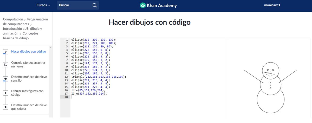 monicavicoco's tweet photo. Avui a #GITIC, amb @jcoderch, he après a programar amb codi utilitzant Khan Academy, una organització educativa sense ànim de lucre molt interessant i útil. He aconseguit dibuixar un ninot de neu molt simpàtic. Reomano moltíssim que ho proveu vosaltres!

https://t.co/CiMtHDfB5P https://t.co/2rQ0NANDQI