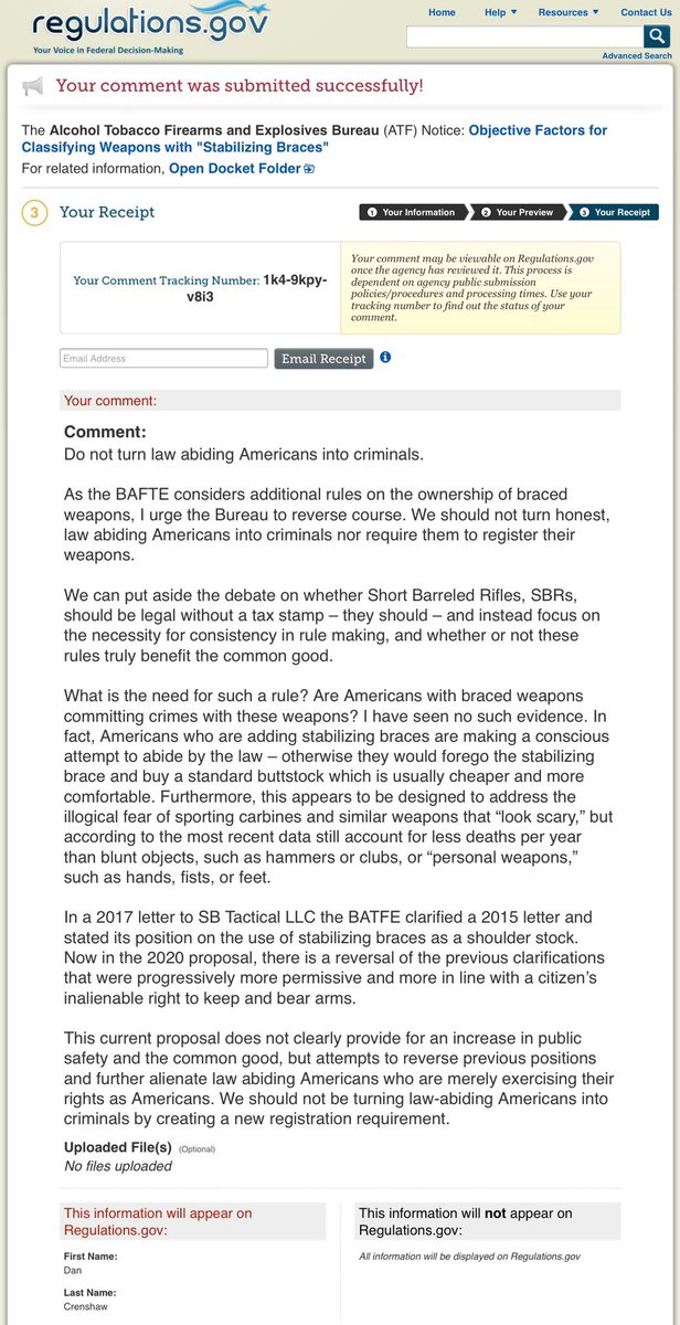 RepDanCrenshaw's tweet image. I just submitted this comment on the ATF's proposed rule on stabilizing braces.

Make your voice heard and let them know they cannot unjustly make law abiding gun owners into criminals.
