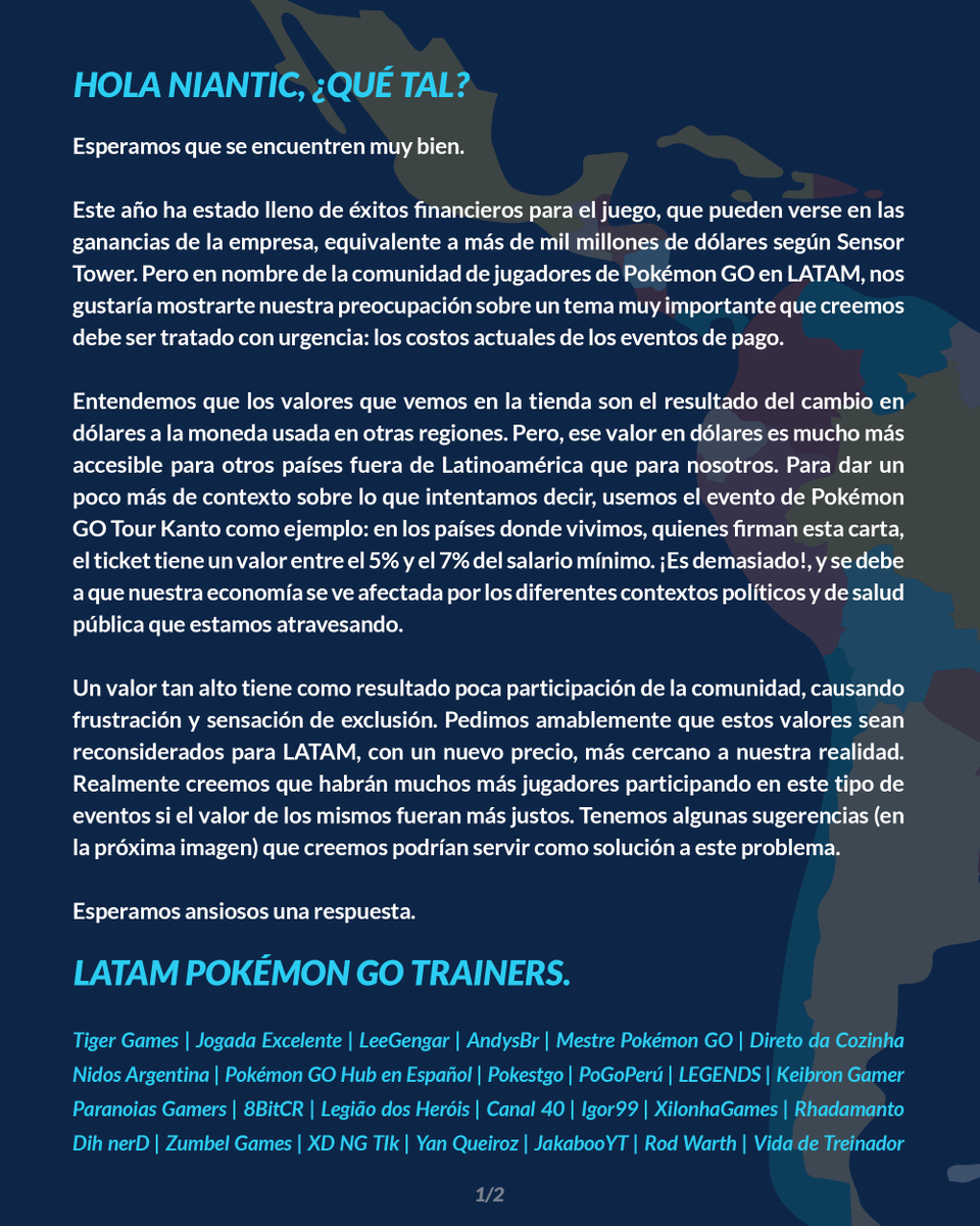 El éxito de #PokemonGO en 2020 es innegable, pero debemos hablar sobre: Los costos de los eventos de pago. A continuación, una carta a Niantic compartiendo la realidad regional, el impacto a nuestros jugadores y propuestas. #PokemonGOLatam 

pokestgo.cl/2020/12/18/car…

1/2