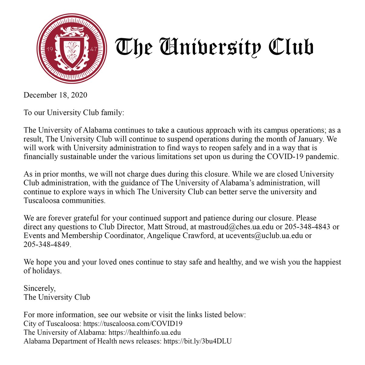 The University Club will continue to suspend operations through January 2021. We appreciate your patience during our closure. Please email us with any questions.

We wish you and your loved ones a safe, healthy, and happy holidays!