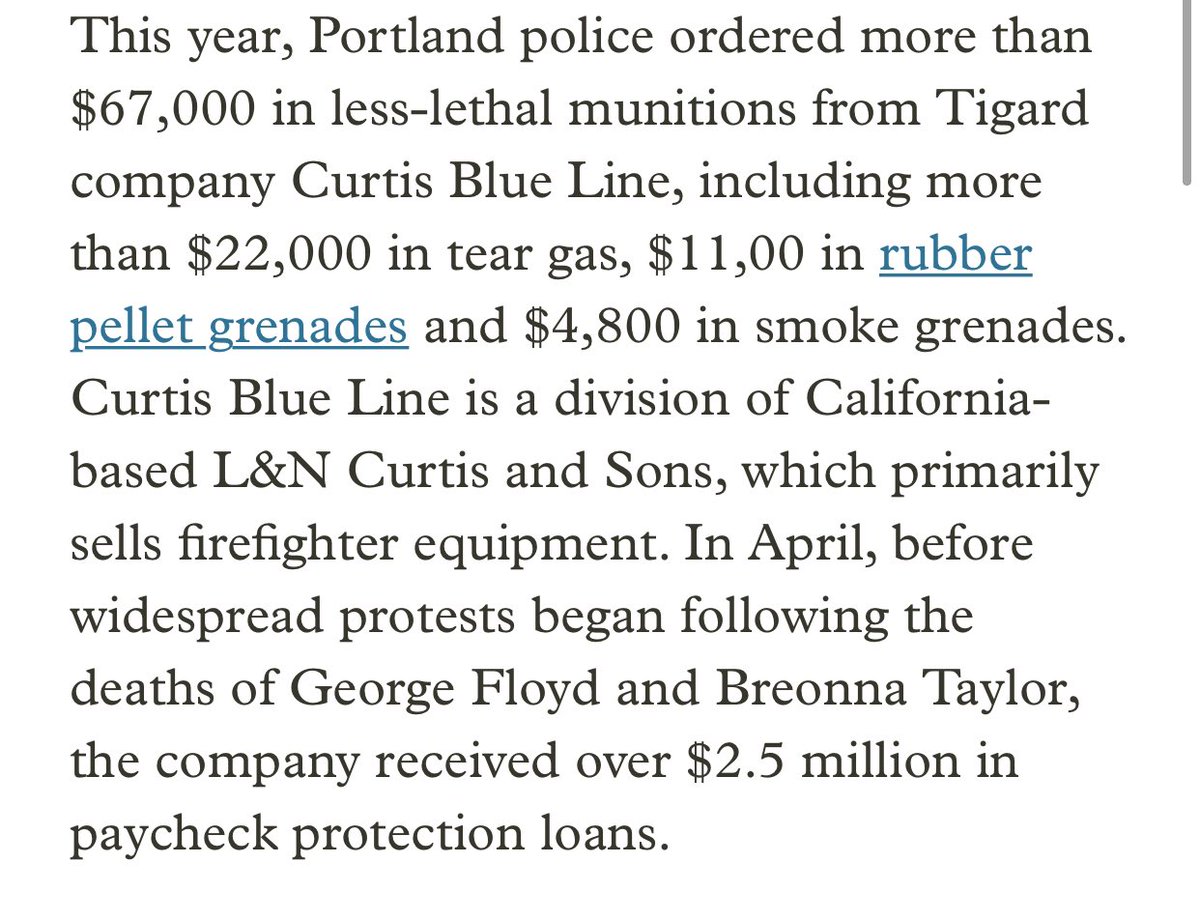 From Curtis Blue line police purchased $67,000 in munitions including: -$22,00 in tear gas -$11,000 in rubber pellet Grenades-$4,800 in smoke grenades The parent company received $2.5million in PPP loans