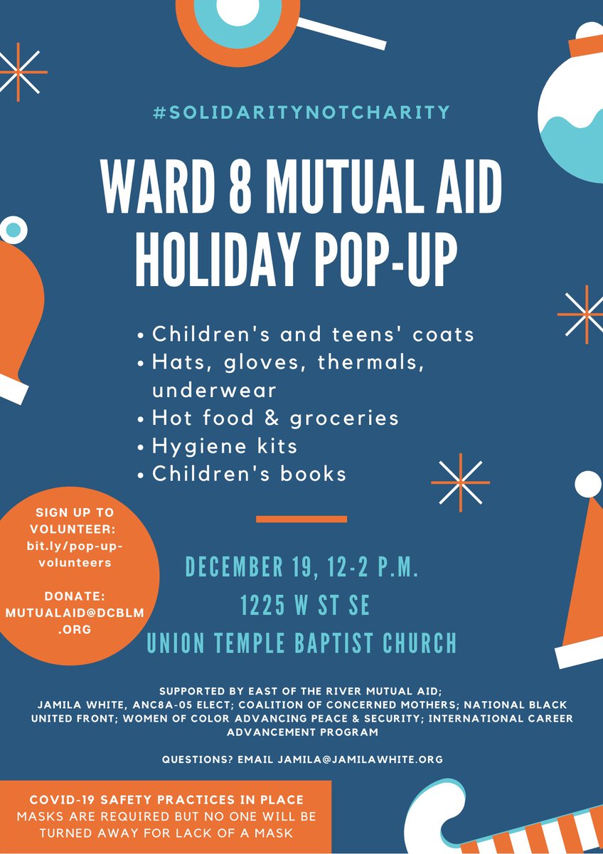 The Ward 8 #MutualAid Pop-Up is tomorrow 12/19 from 12-2PM across the street from Union Temple on the corner of 13th and W St. SE!

Infant to teen size coats, gloves, hats, gloves, thermals as well as hygiene kits &amp; books!

See you tomorrow! 

#SolidarityNotCharity #WeKeepUsSafe
