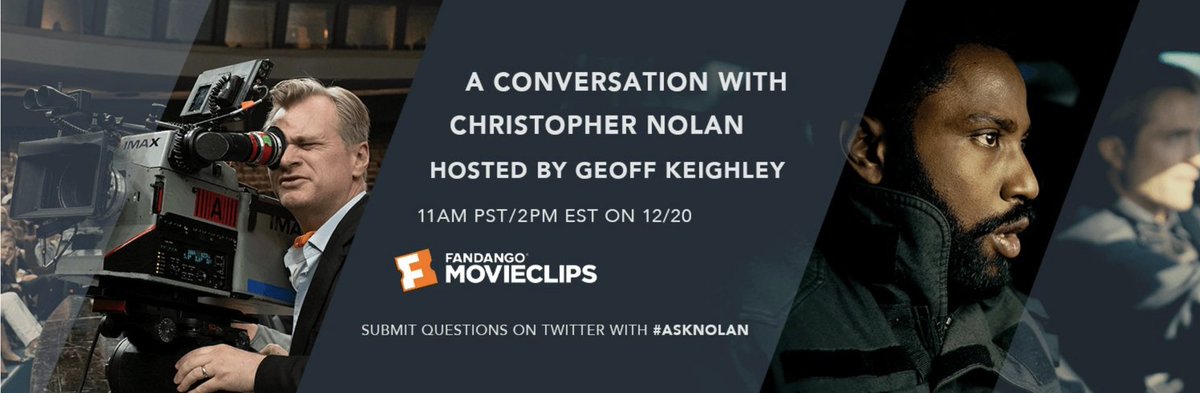 Fandango's tweet photo. Watch #TENET this weekend and submit your questions for Christopher Nolan using #AskNolan to potentially have it answered on Fandango Movieclips event on 12/20! https://t.co/B91DSSUbxH https://t.co/g6psJMC3N5