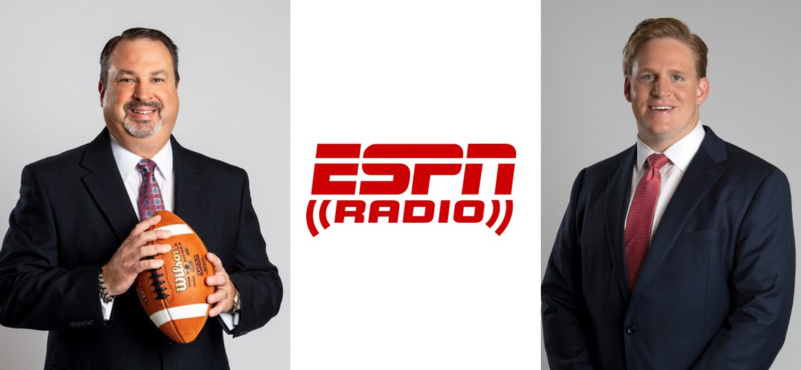 A big wknd for our <a href="/ESPNRadio/">ESPN Radio</a> college football duo of <a href="/SeanKelleyLive/">Sean Kelley</a> &amp; <a href="/BarrettAJones/">Barrett Jones</a> who will call two conference champ games together:
🏈Fri: #Pac12Championship | 8p ET 
🏈Sat: #ACCChampionship | 4p

* <a href="/marckestecher/">Marc Kestecher</a> &amp; <a href="/BenHartsock/">Ben Hartsock</a> will also call the Big 12 (Sat, noon)