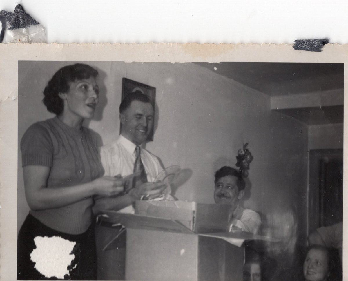 One year Grandma convinced Grandpa to move to Toronto for winter work. Grandma worked at the Campbell’s Soup Factory and loved telling me stories of her time in the big city. These photos are at their going away party before coming back to Manitoba to farm.