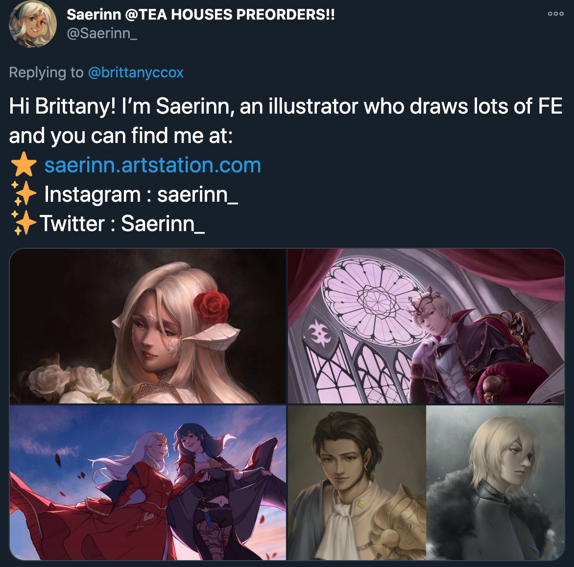  @Saerinn_ All of the artwork is breathtaking. I find myself most often getting lost in the backgrounds of her art, it really just lifts the characters right off the page! I was ecstatic to learn her art is in my first fanzine purchase  @feteahouses!