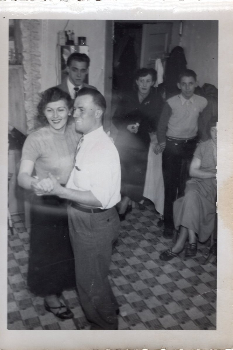 One year Grandma convinced Grandpa to move to Toronto for winter work. Grandma worked at the Campbell’s Soup Factory and loved telling me stories of her time in the big city. These photos are at their going away party before coming back to Manitoba to farm.