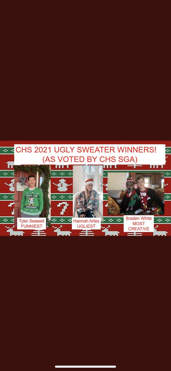 CalvertSGA's tweet image. Thank you to everyone that participated in the Ugly Sweater Contest! We are proud to announce our winners for our Staff &amp;amp; Students