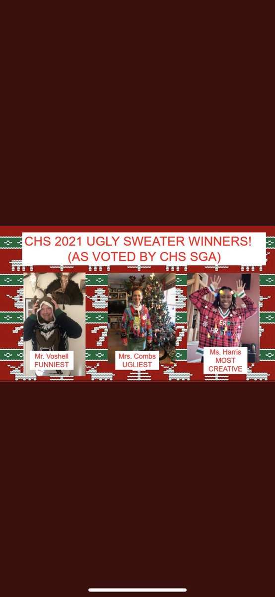 CalvertSGA's tweet image. Thank you to everyone that participated in the Ugly Sweater Contest! We are proud to announce our winners for our Staff &amp;amp; Students