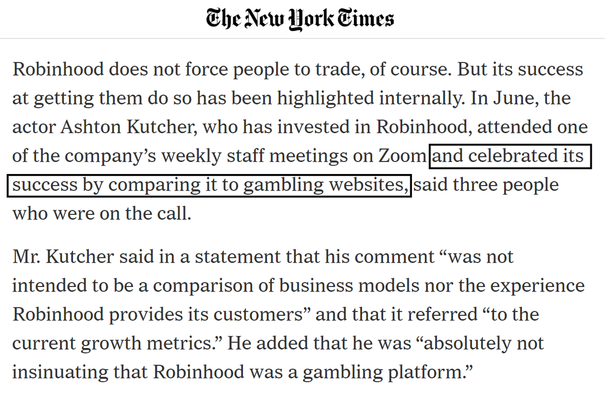14/ This is well understood by senior RH officials. Ashton Kutcher (an investor in RH) just said the quiet part loud by accident after a meeting, but his initial statement is accurate.