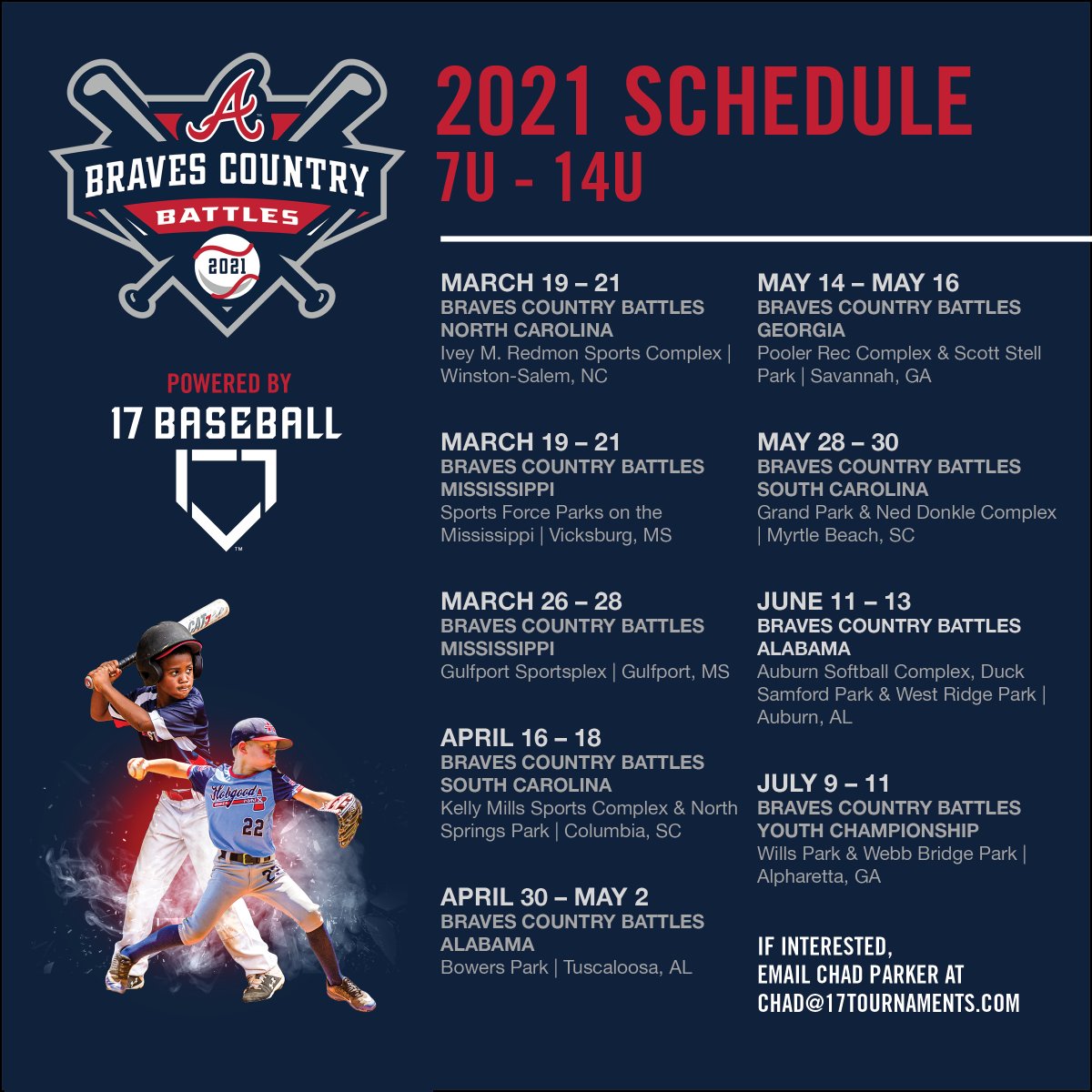 17Tournaments's tweet photo. We're pumped to announce that we're partnering with the @Braves to operate Braves Country Battles in 2021! 😱
If your team is interested in registering for an event, please email Chad Parker, #17Baseball Tournament Director, at chad@17Tournaments.com to secure your spot. #Play17 https://t.co/kXgHGqwB1p