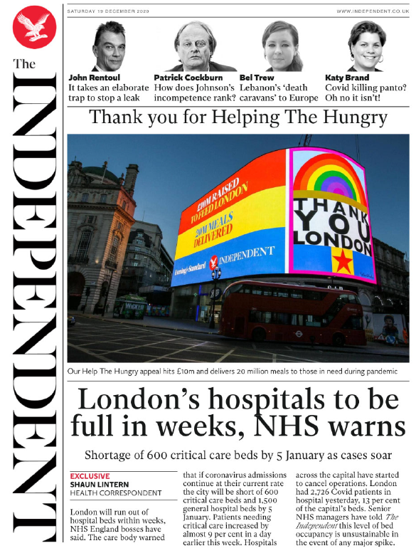 BBCNews's tweet photo. Saturday's Independent digital: "London's hospitals to be full in weeks, NHS warns" #BBCPapers #TomorrowsPapersToday https://t.co/7FuHsAa3Vz https://t.co/MTR55a6cpk