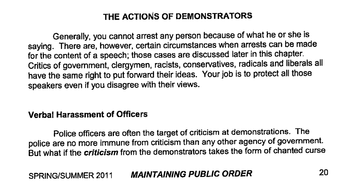 This and the next two tweets include screenshots of the NYPD Police Academy's Spring/Summer 2011 "Maintaining Public Order" training pages 20-30.20-22 cover topics including:* The actions of demonstrators* Violent conduct* Non-violent conduct; and* Use of force