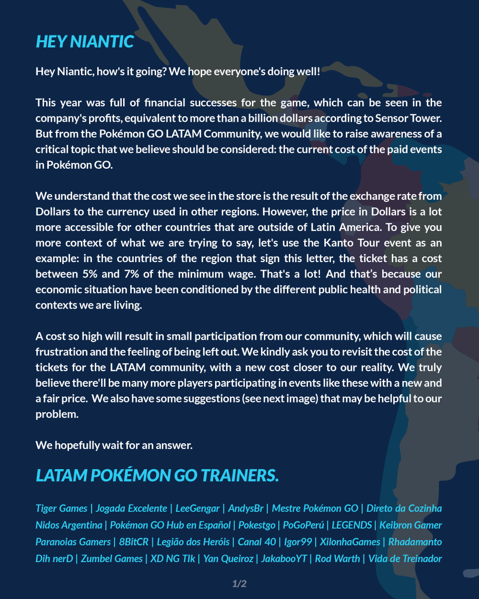 jogadaexcelente's tweet photo. Uma carta aberta da comunidade de Pokémon GO da América Latina para a @NianticLabs.

Convidados todos a usarem #PokemonGOLATAM e expressar sua opinião.

@PokemonGoapp @NianticLabs @NianticHelp @johnhanke @ohtellez @leonardowille @aramisabo @AlanMB @priscillian https://t.co/tR7qH22PLT