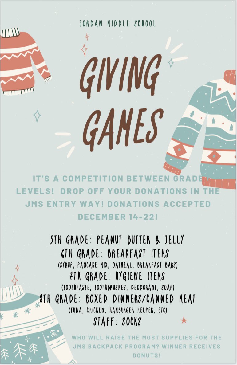 Wowza! <a href="/Grade7atISD717/">JMS 7th Grade</a> is pulling ahead in the #JMSgivinggames ! Let’s see what you’ve got in our final 2 days (dec 21 &amp; 22) of collecting <a href="/Grade8atISD717/">JMS 8th Grade</a> <a href="/Grade6atISD717/">JMS 6th Grade</a> 
<a href="/Grade5atISD717/">JMS 5th Grade</a> @BenBakeberg !