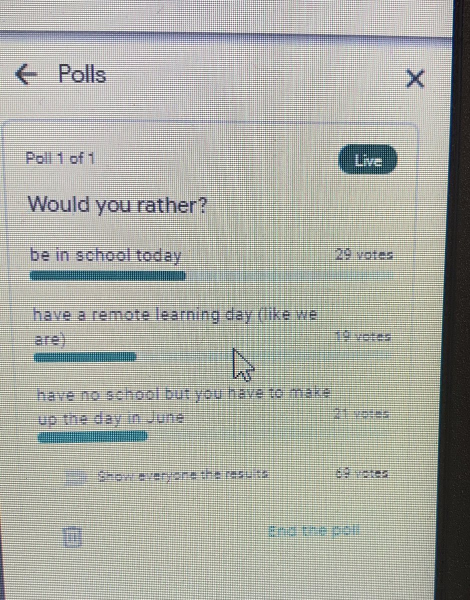 Love the poll feature in meets and I agree with my students- would rather be in school! #7procks