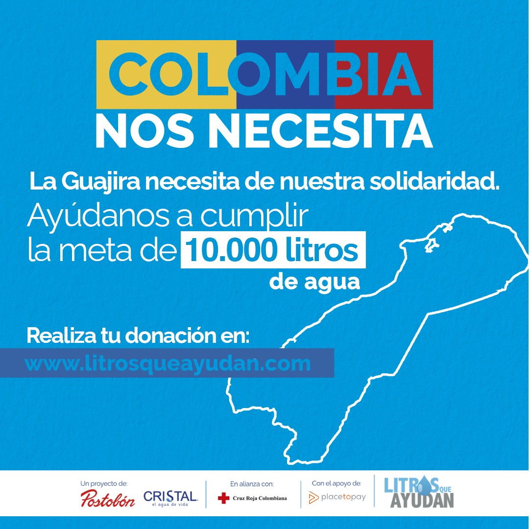 Tenemos un propósito, llevar 10.000 litros de agua para ayudar a La Guajira en esta emergencia debido a ola invernal. Desde <a href="/postobonoficial/">Postobón empresa</a> con nuestra marca #AguaCristal, apoyados en la <a href="/cruzrojacol/">cruzrojacol</a>, llegaremos a + de 750 familias en Manaure y Riohacha. litrosqueayudan.com