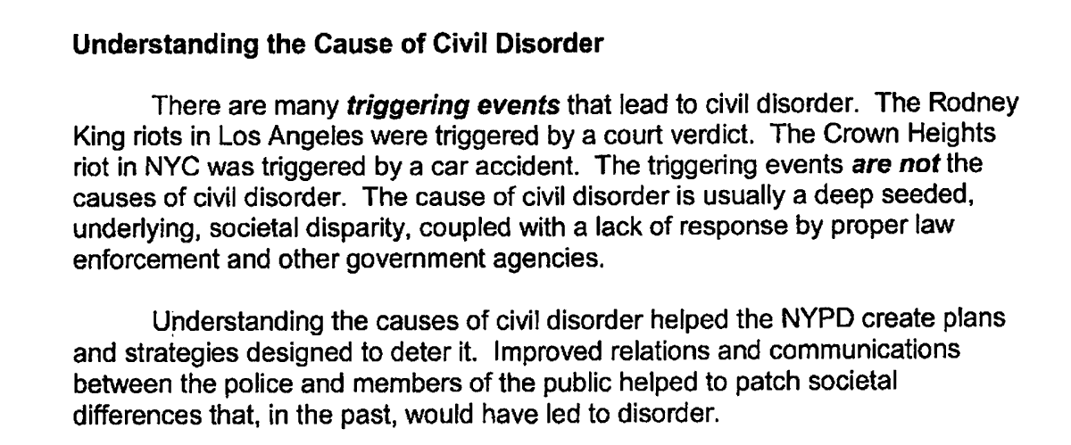 ...a deep seeded [sic], underlying, societal disparity, coupled with a lack of response by proper law enforcement and other government agencies..." Ok, whatever that means, understanding it allegedly improved community relations, at some past point (?), leading to...