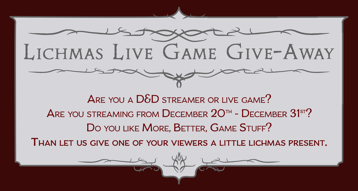 GemhammerGaming's tweet photo. This Lichmas, Gemhammer is in the giving mood. The first 10 #dnd #streamers or #livegame streaming from the 20th to the 31st to reply with a link to their Twitch or YouTube channel, will win a Deck of Many Things to give away for free!
#giving #roleplay #lichmas https://t.co/emG04IHPAF