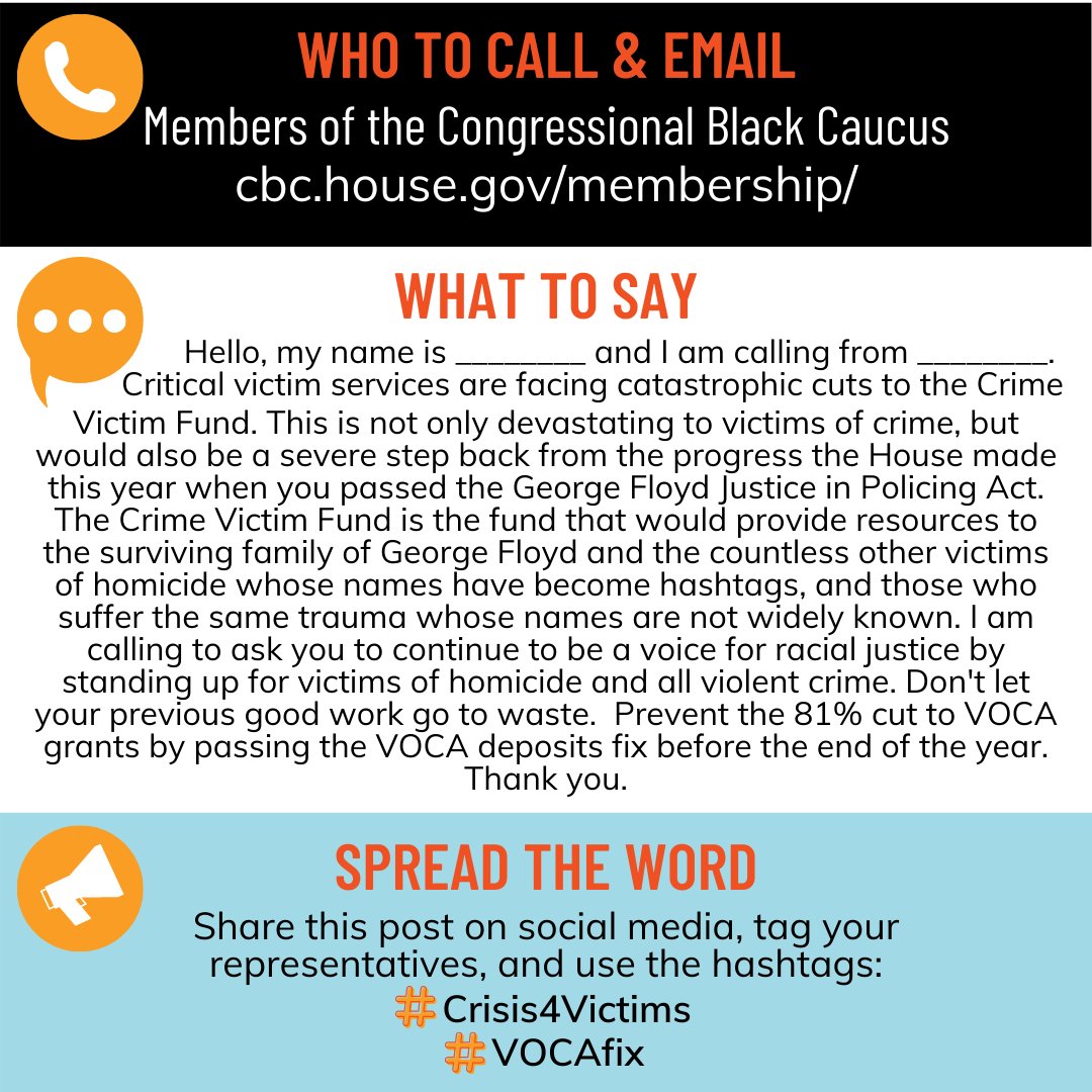 The House and Senate must act immediately to ensure that victim-serving programs continue to be funded under the Victims of Crime Act (#VOCA) in 2021. Contact Congress today and tell them not to let the Crime Victim Fund go off a cliff! #Crisis4Victims #VocaFix