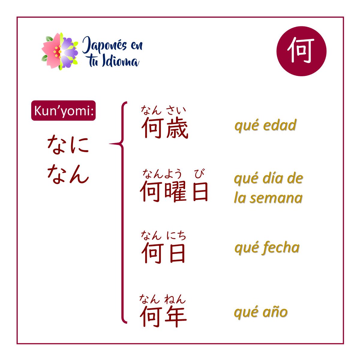 El kanji de hoy es: 
何 ❓❔❓❔
𝑜𝑟𝑖𝑔𝑒𝑛, 𝑏𝑎𝑠𝑒, 𝑙𝑖𝑏𝑟𝑜

#jlpt #jlptn5 #noken #nokenkanji #kanji #kanjiN5 
#漢字 #日本語能力試験 #何

Síguenos en redes:
YouTube: bit.ly/31Cj26k
Facebook: bit.ly/37BcOr3
Instagram: bit.ly/35qHfh6