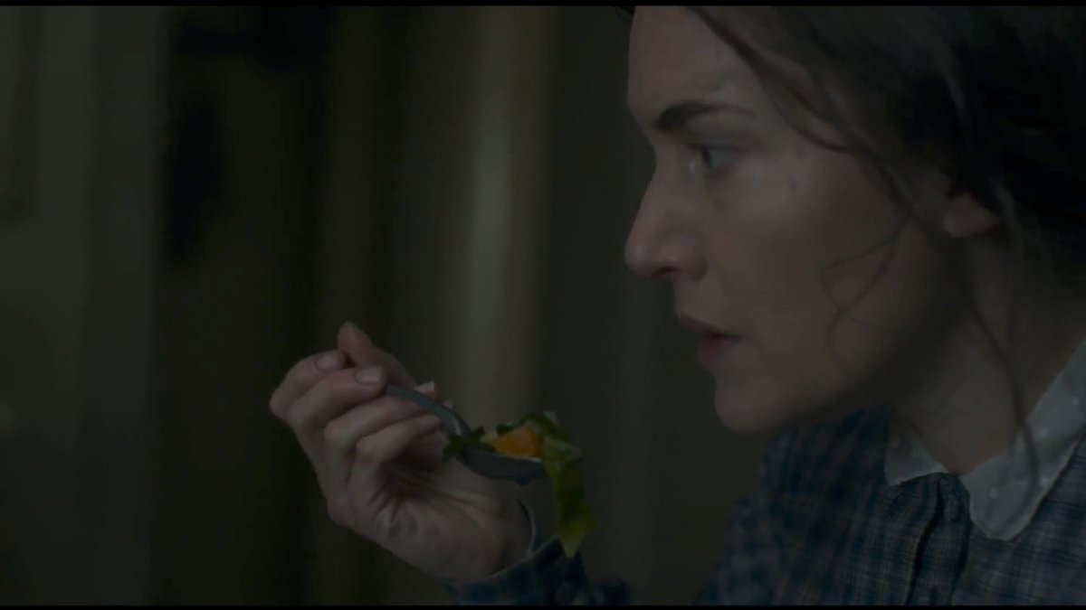 There are gestures to miscarriage in  #Ammonite - a fertilized egg is discovered at breakfast. A disgusted mother leaves her her unwed daughter alone at the table.A husband whispers about a loss of a child. His wife, laying beside him in bed, goes untouched.Motherhood haunts.