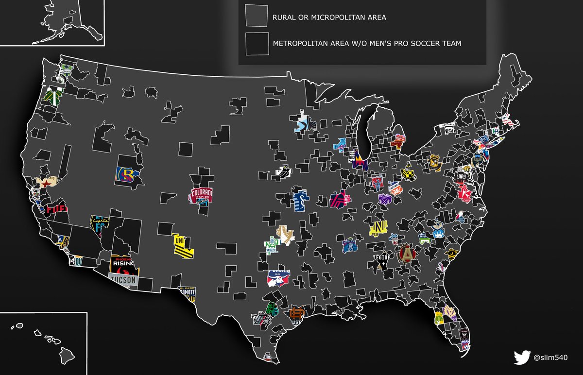 The great jigsaw of men's professional soccer in this country. How many holes will be filled in time for the 2026 World Cup? This might be one of my favorite maps because it really shows how markets relate to each other. A few notes below: