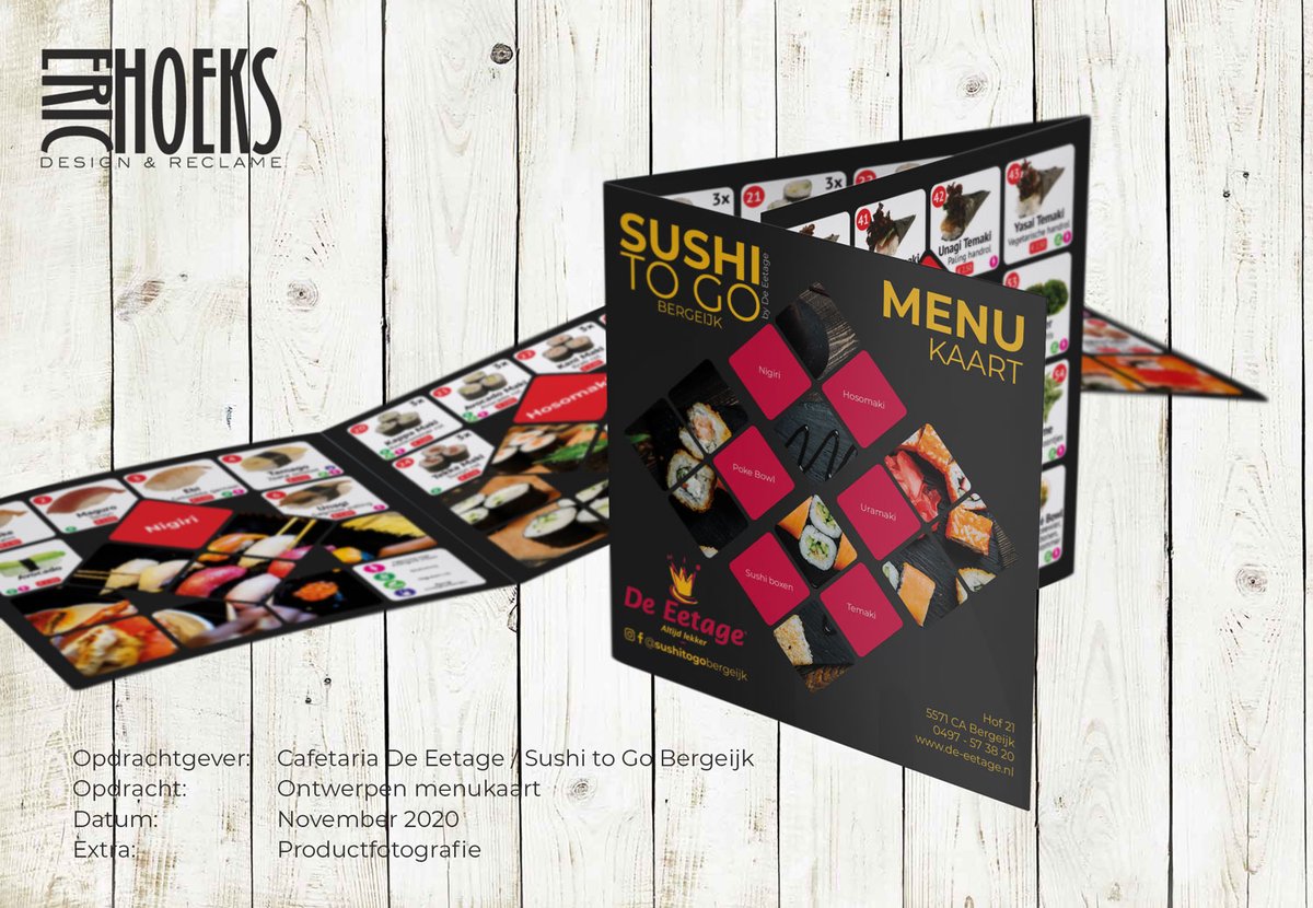 HoeksDesign's tweet image. It's suhitime geweest de laatste weken. Met de komst van de nieuwe shop-in-shop Sushi to Go Bergeijk van Cafetaria De Eetage een mooie opdracht gekregen. Ontwerpen van de gehele uitstraling incl. menukaart, bedankkaart, cadeaubon en klantenkaart.