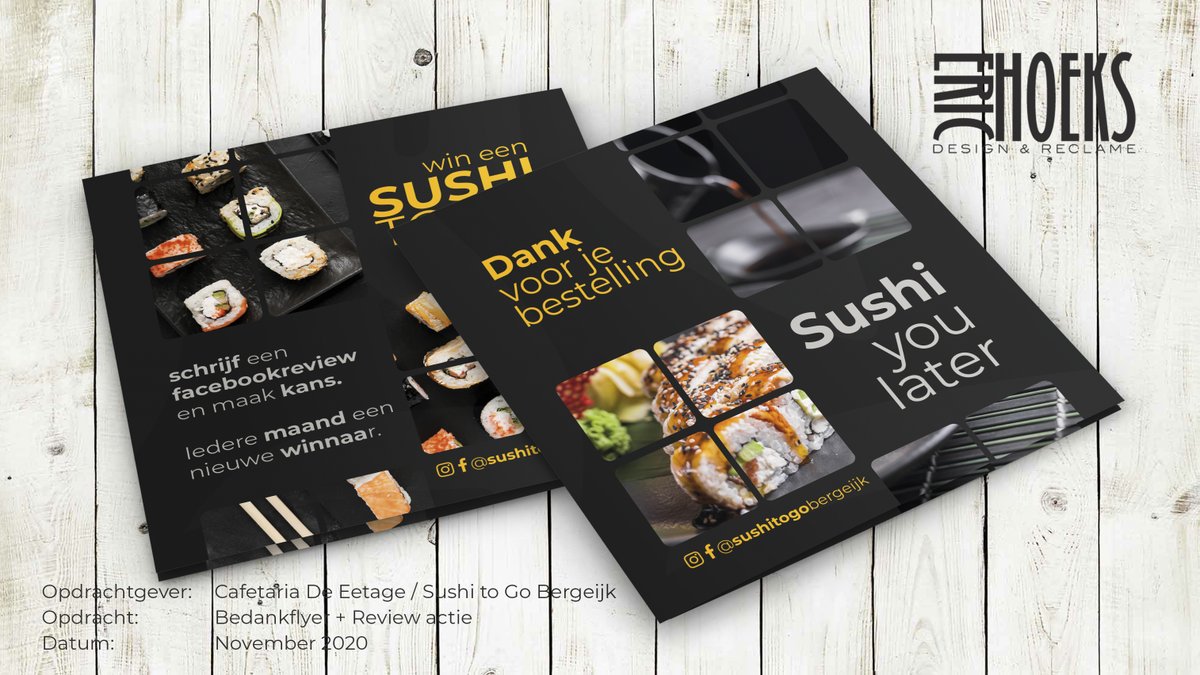 HoeksDesign's tweet image. It's suhitime geweest de laatste weken. Met de komst van de nieuwe shop-in-shop Sushi to Go Bergeijk van Cafetaria De Eetage een mooie opdracht gekregen. Ontwerpen van de gehele uitstraling incl. menukaart, bedankkaart, cadeaubon en klantenkaart.