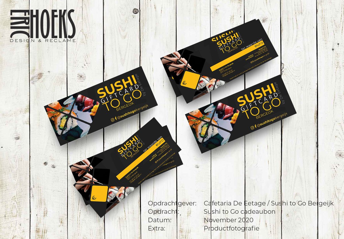 HoeksDesign's tweet image. It's suhitime geweest de laatste weken. Met de komst van de nieuwe shop-in-shop Sushi to Go Bergeijk van Cafetaria De Eetage een mooie opdracht gekregen. Ontwerpen van de gehele uitstraling incl. menukaart, bedankkaart, cadeaubon en klantenkaart.