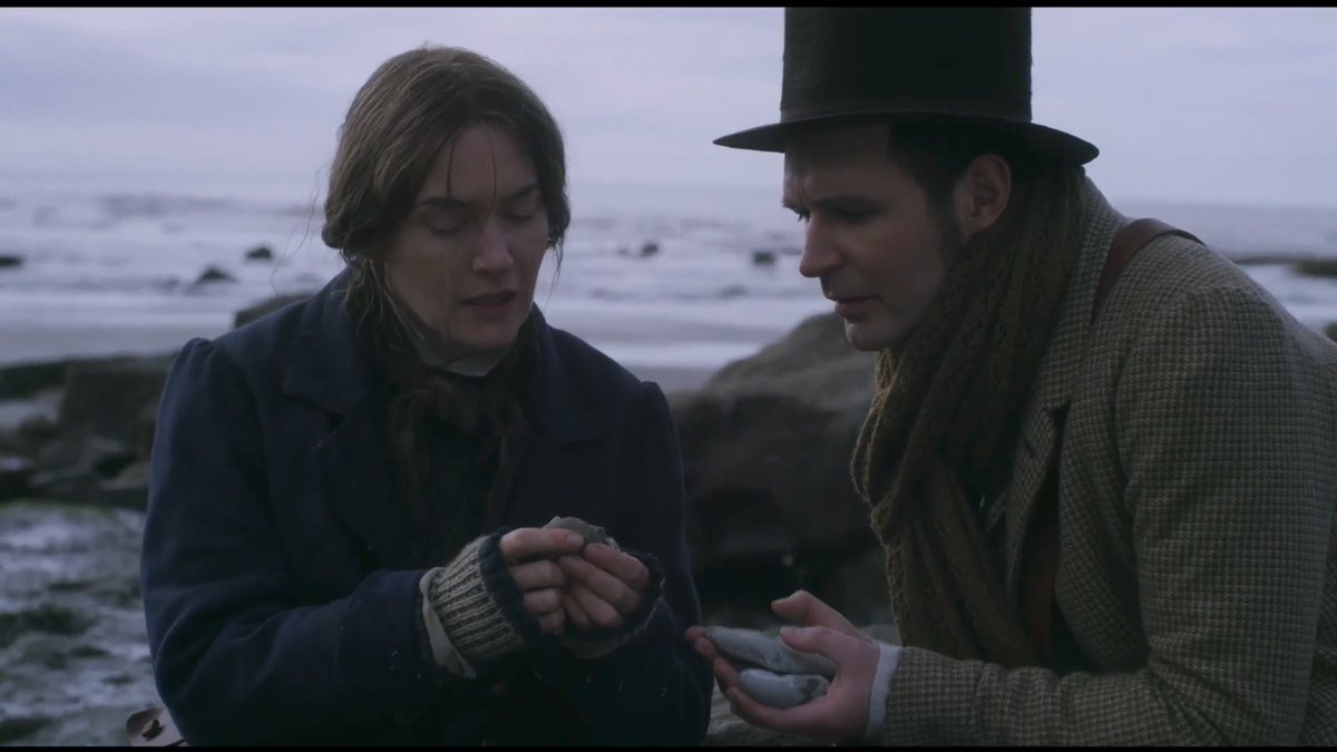 "Look very carefully, you can see tiny fish bones." In  #Ammonite, scientists peer at rocks. Experienced mentor reveals that her wealthy pupil has uncovered fossilized feces. I suddenly realize how untrained my eyes are. Can I distinguish between rare mineral & animal waste?