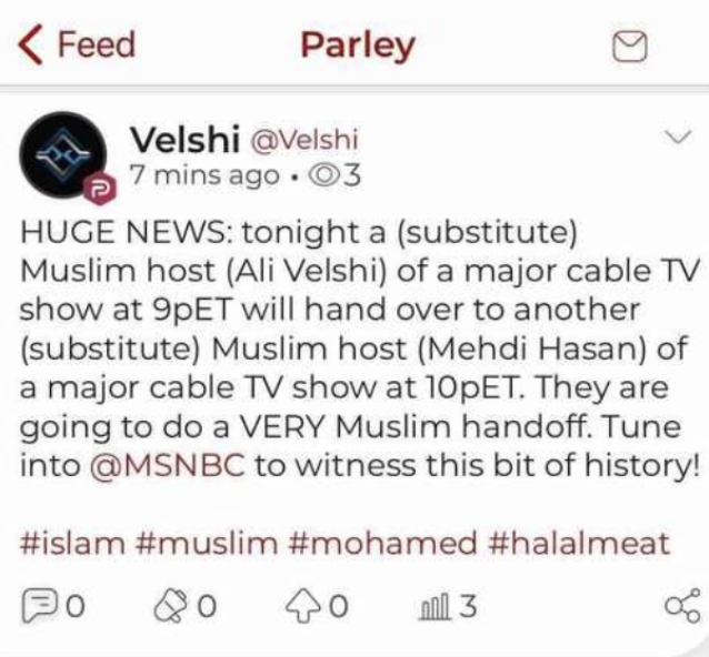 oneunderscore__'s tweet photo. .@alivelshi is the only person I know using Parler correctly. https://t.co/oQxGoBHWDf