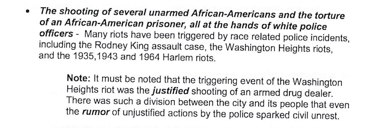 ...and the 1935, 1943, and 1964 Harlem riots." There's just...so much to unpack there. And then, the "Note" emphasizing the purported "justification" of the shooting that "led" to the "Washington Heights riot":