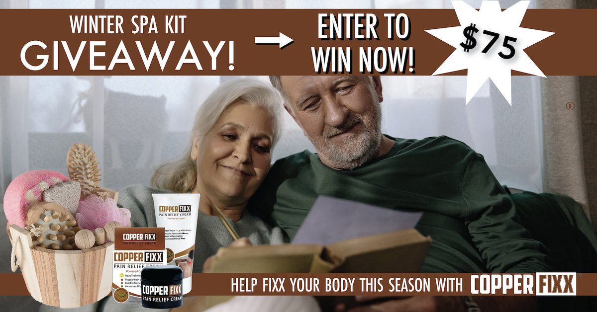 CopperFixx's tweet photo. GIVEAWAY TIME! Enter here for your chance to WIN our Winter Spa Kit. Inside the pack you'll get our CopperFixx® Pain Relief Cream along with a 7 piece at home spa gift set! The perfect set up for a laid back day of pampering! https://t.co/Pvv2cGntPs https://t.co/kzHYQktwZ1