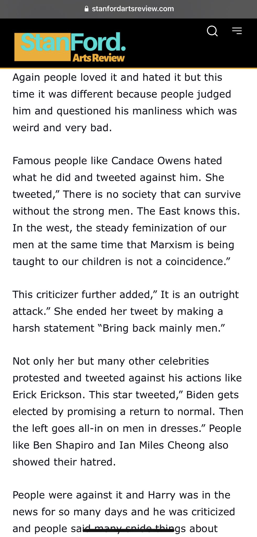 Ian Miles Cheong on X: I was mentioned in a Stanford Arts Review piece in  the same breath as Ben Shapiro for criticizing Harry Styles. I must say,  the writing is atrocious.