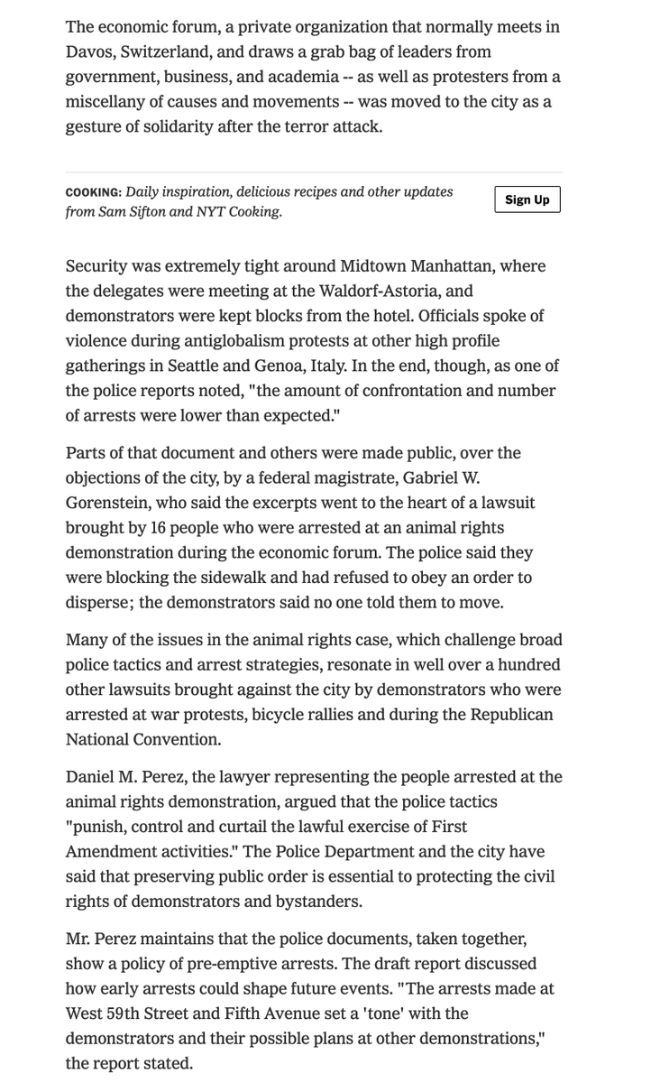 Notable, the NYPD's 2002 WEF policing was enormously problematic and involved some of the same violent and repressive NYPD responses to protests that persist - often in modified form - to this day...See, for example, this 2006  @jimdwyernyt article: https://www.nytimes.com/2006/03/17/nyregion/police-memos-say-arrest-tactics-calmed-protest.html
