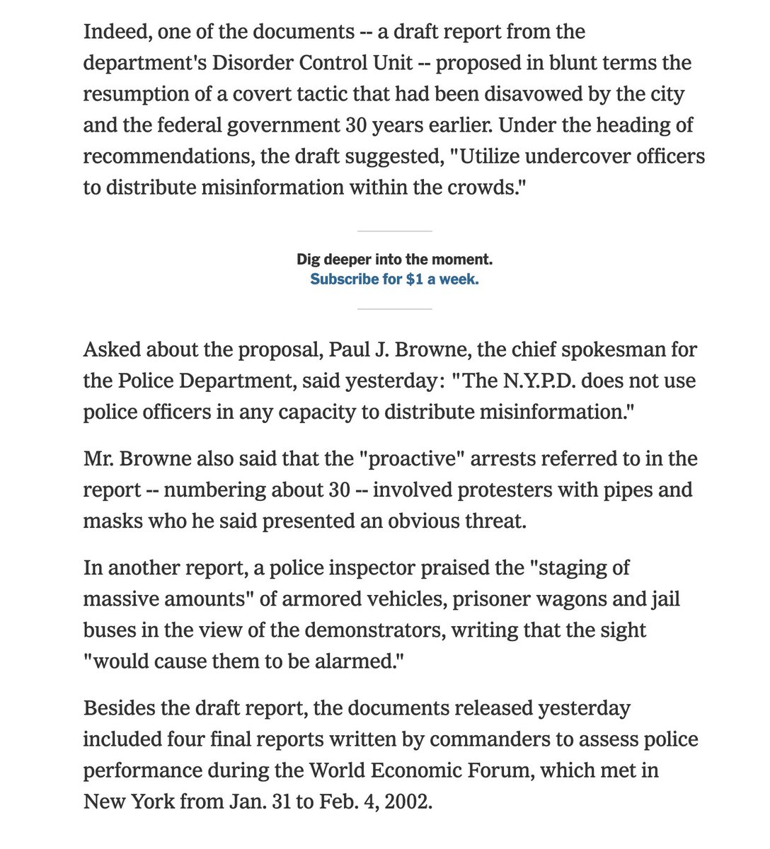 Notable, the NYPD's 2002 WEF policing was enormously problematic and involved some of the same violent and repressive NYPD responses to protests that persist - often in modified form - to this day...See, for example, this 2006  @jimdwyernyt article: https://www.nytimes.com/2006/03/17/nyregion/police-memos-say-arrest-tactics-calmed-protest.html