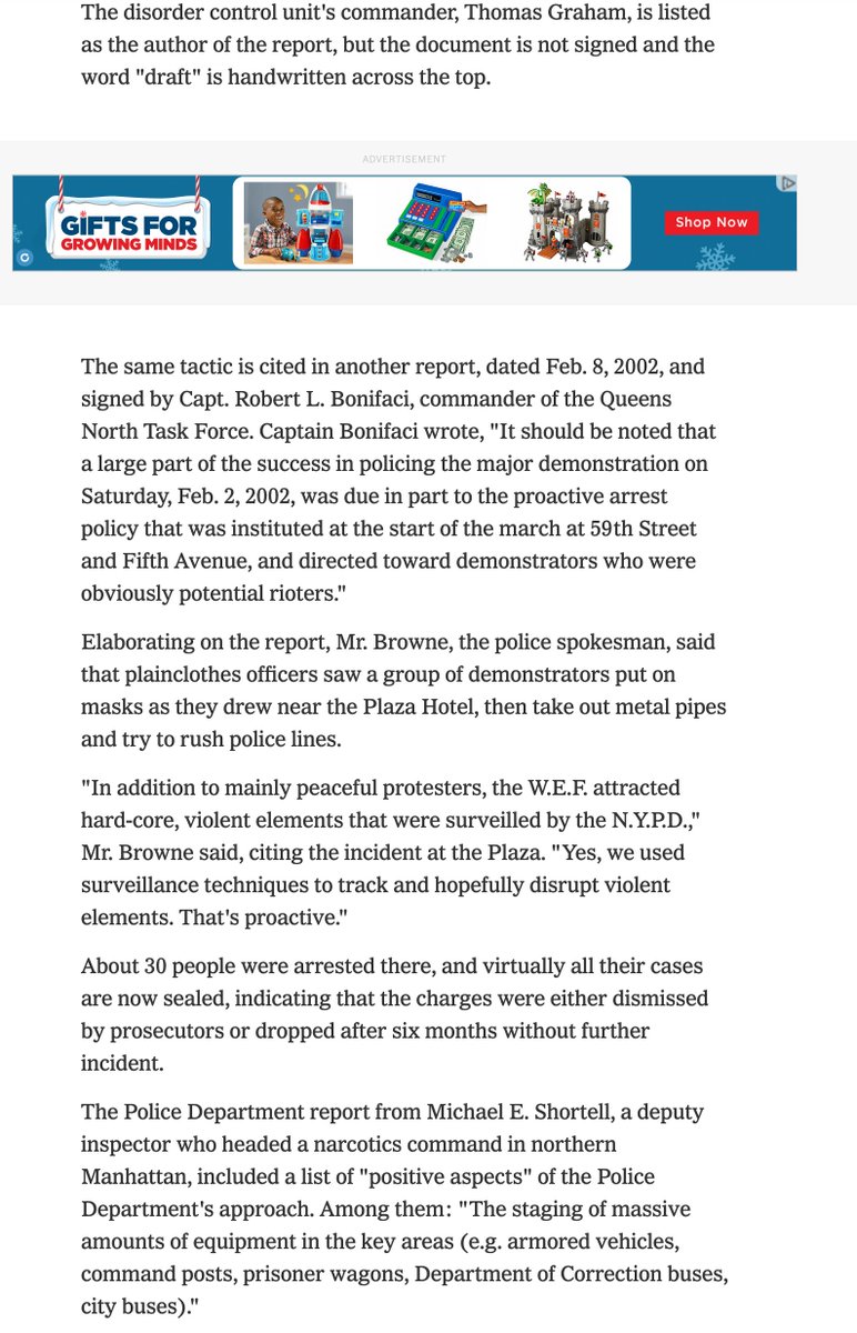 Notable, the NYPD's 2002 WEF policing was enormously problematic and involved some of the same violent and repressive NYPD responses to protests that persist - often in modified form - to this day...See, for example, this 2006  @jimdwyernyt article: https://www.nytimes.com/2006/03/17/nyregion/police-memos-say-arrest-tactics-calmed-protest.html