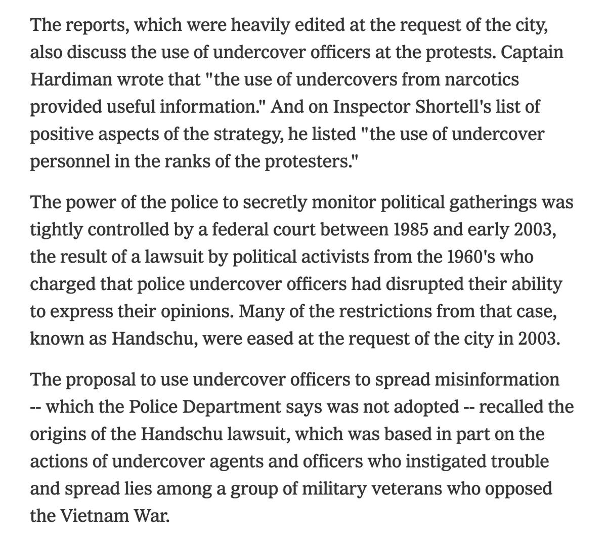 Some of the NYPD's 2002 WEF tactics:* Massive police resource deployment to have psychological chilling effect * Pre-emptive seizures of "obvious[] potential rioters"* The use of such arrests to "set a 'tone'"* Undercover infiltration, surveillance, and disruption