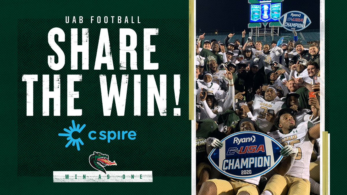 SHARE THE WIN!!

The Blazers are your 2020 <a href="/ConferenceUSA/">Conference USA</a> Champs after a 22-13 victory at Marshall on Friday night in the title game.

#WinAsOne 

🔗: bit.ly/CUSAChamps