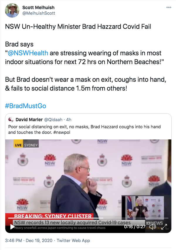 MelhuishScott's tweet image. Anyone in the Northern Beaches LGA has been asked to wear a mask when indoors until at least Monday, EXCEPT if you are the NSW Health Minister @BradHazzard 

Because for Brad it's: "Do as I say, not as I do"

#BradMustGo

#CovidFail