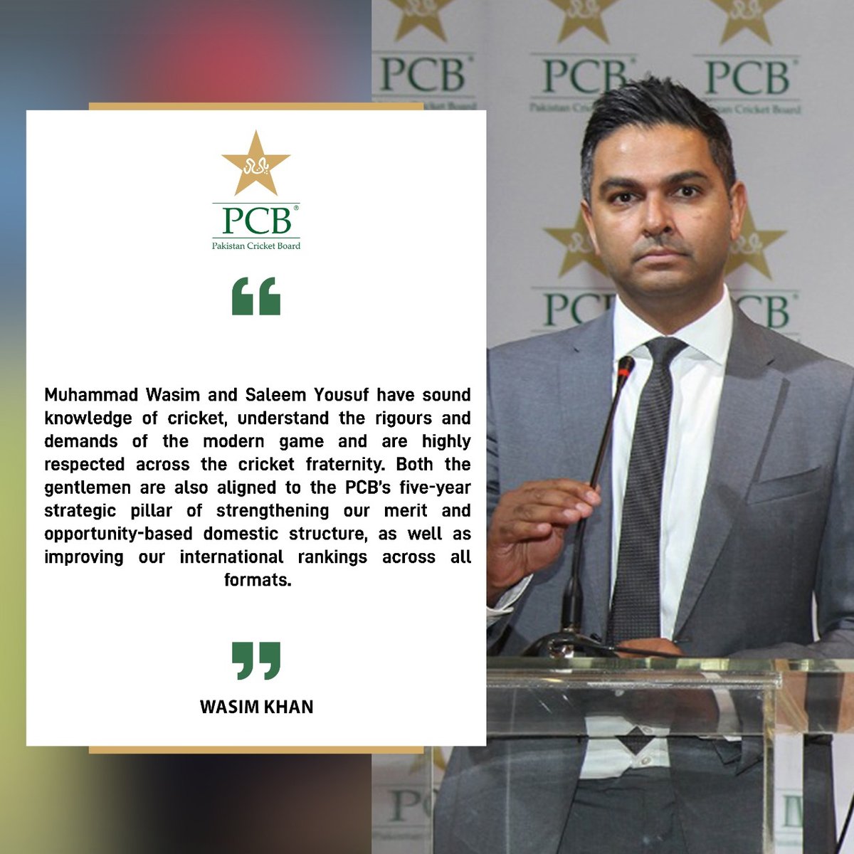 Pakistan Cricket We Are Delighted To Confirm The Appointments Of Two High Quality Individuals As Chair Of The Selection And Pcb Cricket Committees Both Will Serve For An Initial Three Year Period Pakistan Cricket We Are Delighted To Confirm The Appointments Of Two High Quality Individuals As Chair Of The Selection And Pcb Cricket Committees Both Will Serve For An Initial Three Year Period