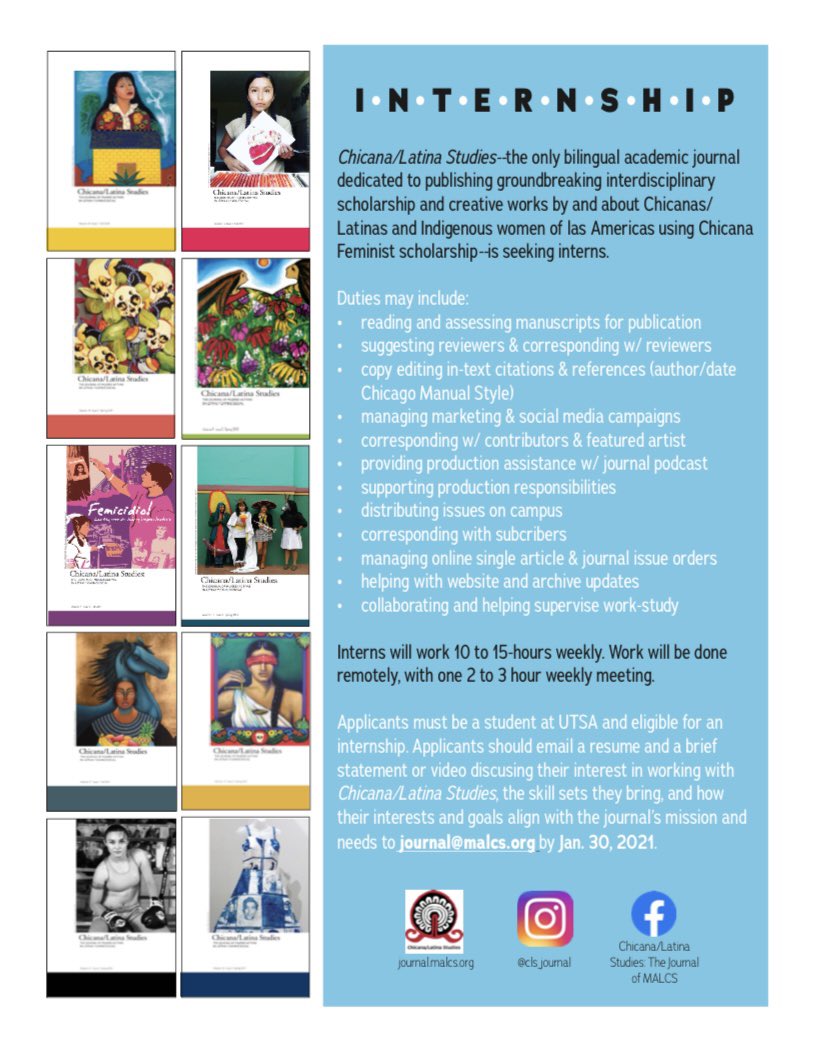 CLSMALCSjournal's tweet photo. Happy Friday🥳 Chicana/Latina Studies is seeking an intern for Spring 2021! 
Please email a resume and a brief statement discussing your interests in working with Chicana/Latina Studies to journal@malcs.org by January 30th! 💌 https://t.co/goBylajGv4