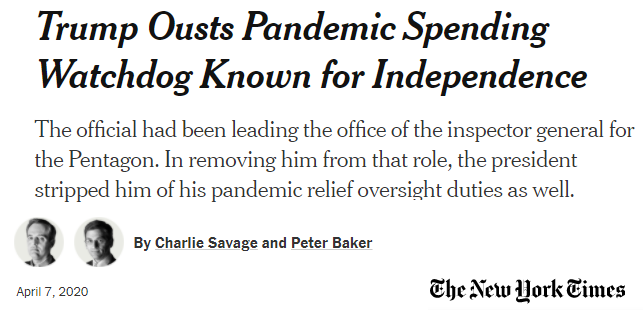 The thing is - Trump found a loophole that would allow him to remove Glenn Fine so he could replace him with a Trump loyalist – Sean O’Donnel, who was the Inspector General at the Environmental Protection Agency (EPA) to oversee the distribution of the $2 trillion instead.