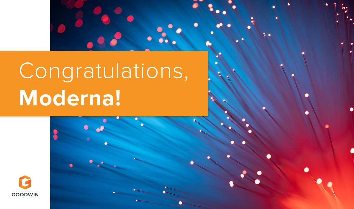 goodwinlaw's tweet photo. Our client, @moderna_tx, has received emergency authorization from the U.S. FDA for their #COVID19 vaccine. Congratulations on this tremendous milestone! https://t.co/kGSARBL4q1