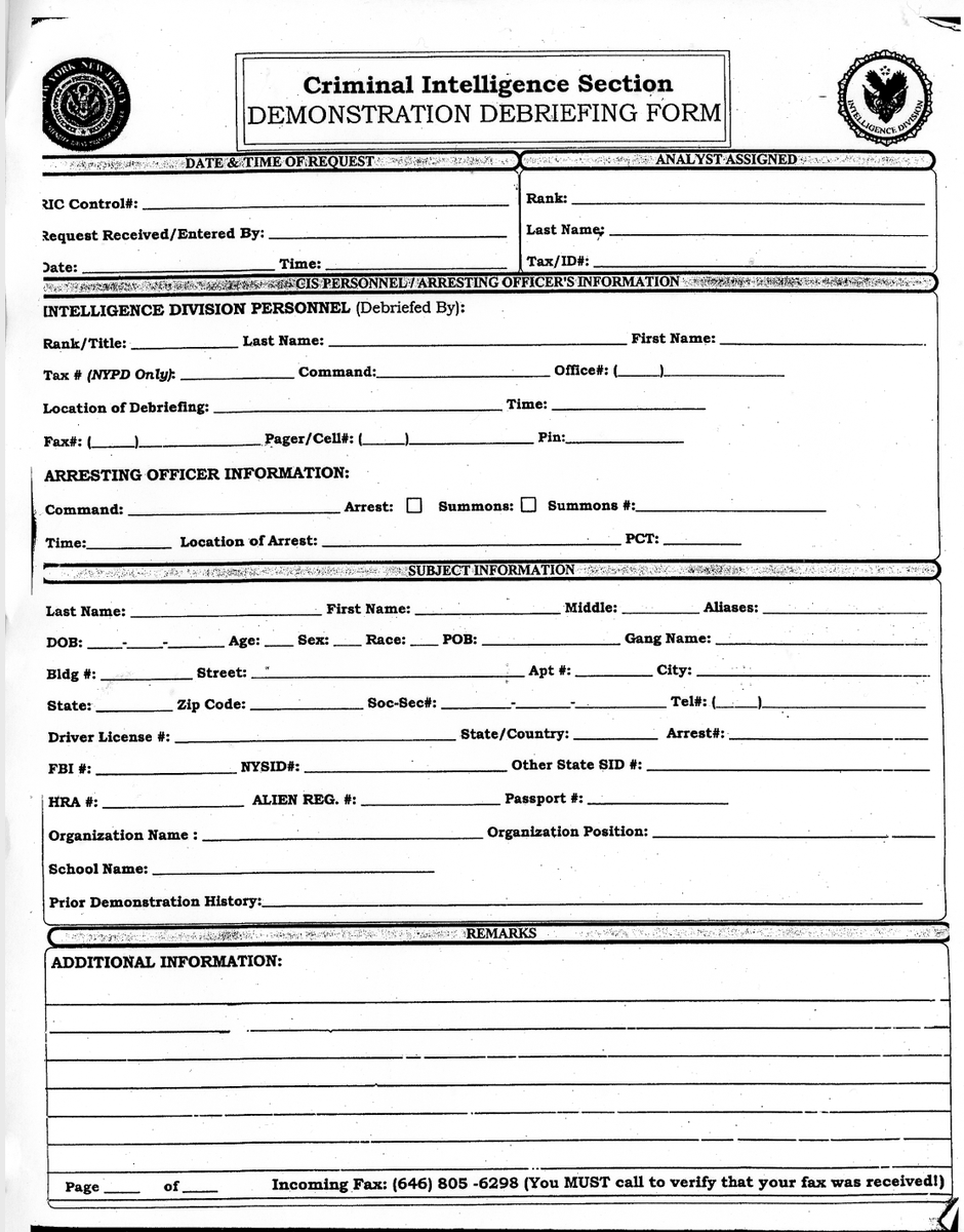 Also related to those 2003 protests, the NYPD got caught using interrogation and a "Demonstration Debriefing Form" to collect information on the politics of people arrested at anti-war protests, which led to extensive litigation in the Handschu case https://www.nytimes.com/2003/04/10/nyregion/police-stop-collecting-data-on-protesters-politics.html