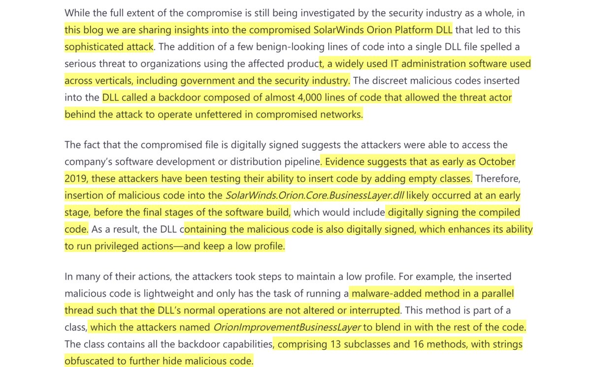 Analyzing Solorigate-compromised DLL file that started a sophisticated cyberattack-Microsoft Defender helps protect customers-all the backdoor capabilities, comprising 13 subclasses and 16 methods, with strings obfuscated to further hide malicious code https://www.microsoft.com/security/blog/2020/12/18/analyzing-solorigate-the-compromised-dll-file-that-started-a-sophisticated-cyberattack-and-how-microsoft-defender-helps-protect/